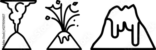 Volcano Vector Set: Explosive Eruption, Lava Flow, Magma Vent, Volcanic Mountain, Crater, Ash Cloud, Lava Dome, Caldera Graphics
