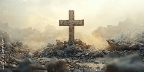 Cross stands resolute among rubble in a desolate landscape at twilight