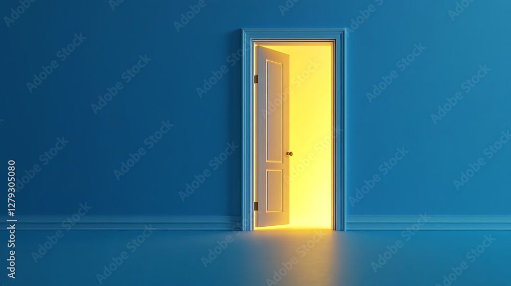 Open door revealing bright light in a blue room. Open door revealing bright light in a blue room.