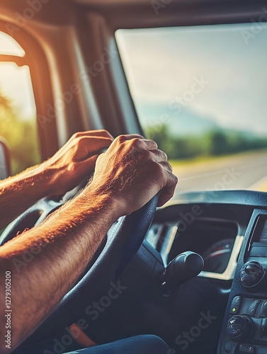 Wallpaper Mural Hands of Focused Truck Driver Gripping Steering Wheel on the Road Torontodigital.ca