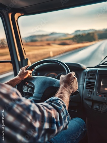 Wallpaper Mural Focused Truck Driver's Hands Gripping the Steering Wheel on the Road Torontodigital.ca