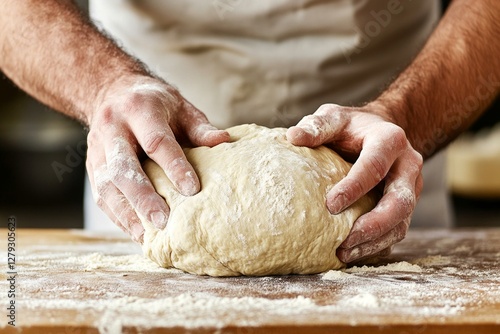 Male baker kneading dough on floured surface in artisan kitchen