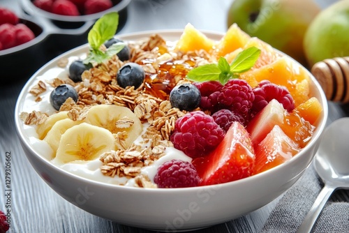 Colorful breakfast bowl with fresh fruits, granola, and yogurt topped with honey photo