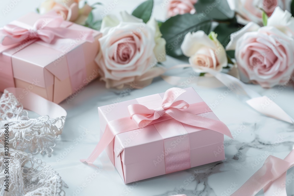 Pink gift boxes adorned with ribbons are arranged with pastel roses on a marble background Pink gift boxes adorned with ribbons are arranged with pastel roses on a marble background