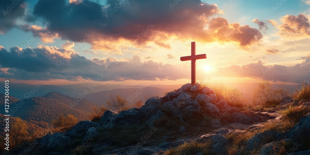 Obraz premium Sunrise illuminates a wooden cross atop a rocky mountain landscape with rolling hills in the background