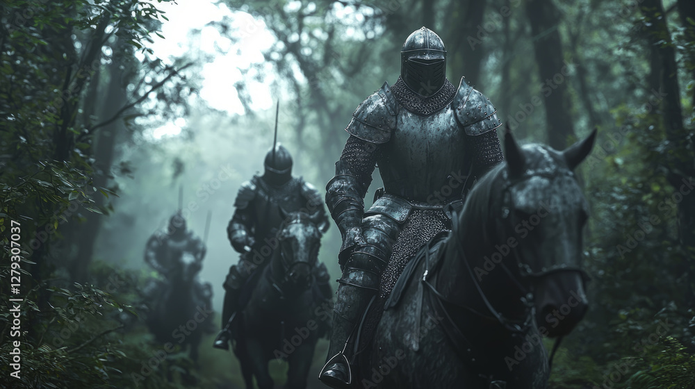 Fantasy medieval with knights riding through a dense enchanted forest Fantasy medieval with knights riding through a dense enchanted forest