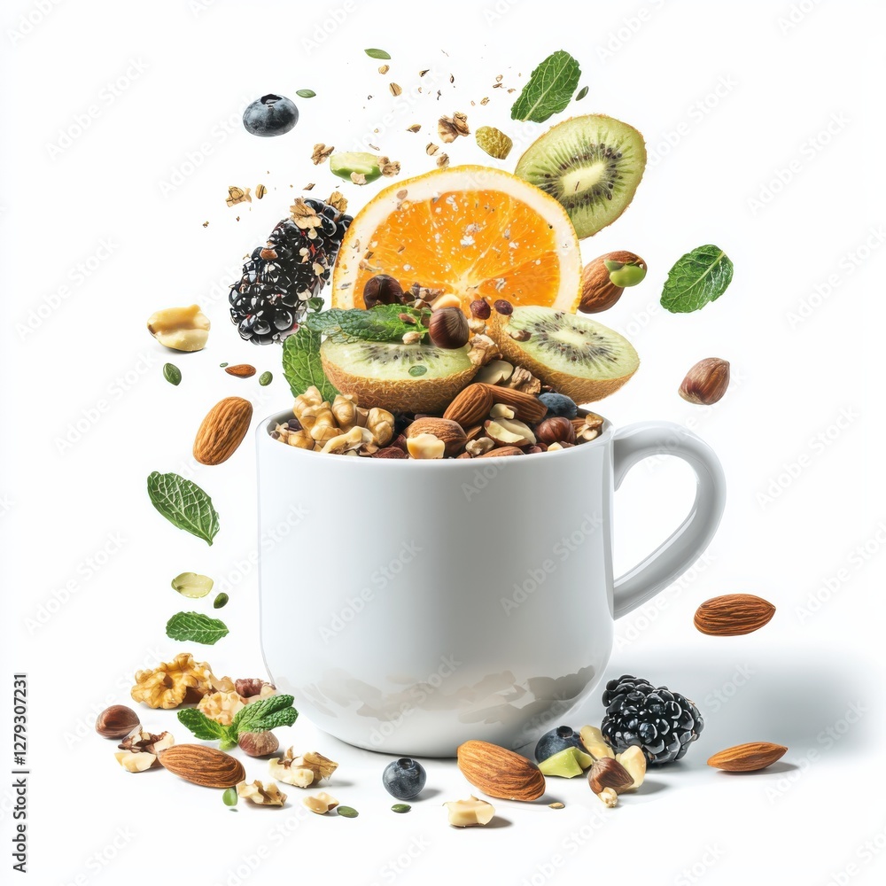 Nutritional wellness brew in a steaming cup bright kitchen light topdown view with nuts and fruits nearby Nutritional wellness brew in a steaming cup bright kitchen light topdown view with nuts and fruits nearby