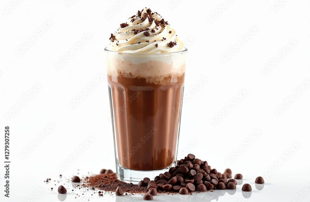 Chocolate frappe topped whipped cream on transparent backdrop. Delicious milkshake, cool beverage in glass. Tasty dessert with dark cocoa powder and chocolate chips, refreshment for cafes. Chocolate frappe topped whipped cream on transparent backdrop. Delicious milkshake, cool beverage in glass. Tasty dessert with dark cocoa powder and chocolate chips, refreshment for cafes.
