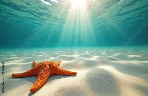 Orange starfish resting on ocean floor sand. Sun rays penetrate blue water. Marine animal, invertebrate in natural habitat. Underwater wildlife shot on sandy bottom. Marine life beauty.