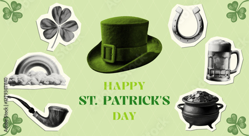 St. Patrick's Day symbols set with shamrock clover horseshoe beer mug gold pot smoking pipe hat rainbow clouds halftone dotted collage element isolated March 17th greeting card light green background