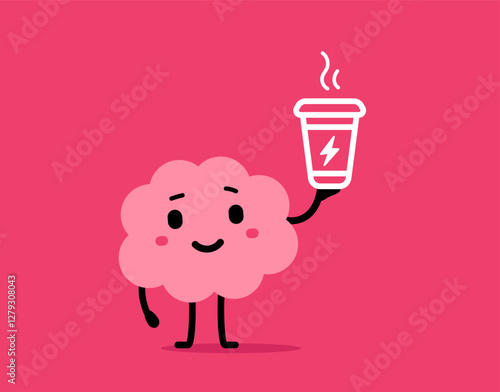Vector cartoon illustration of cute happy brain character hold coffee cup with lightning symbol on pink color background. Flat doodle style design of smile brain character and energy coffee break