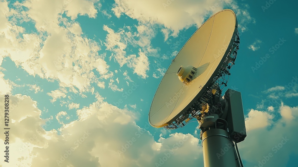 Satellite dish against a partly cloudy sky. Low angle view. Possible use for space exploration stock photo Satellite dish against a partly cloudy sky. Low angle view. Possible use for space exploration stock photo