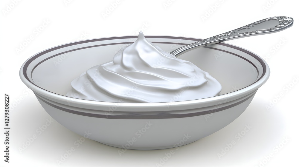 Close up of White Ceramic Bowl of Whipped Cream with Silver Spoon on White Close up of White Ceramic Bowl of Whipped Cream with Silver Spoon on White