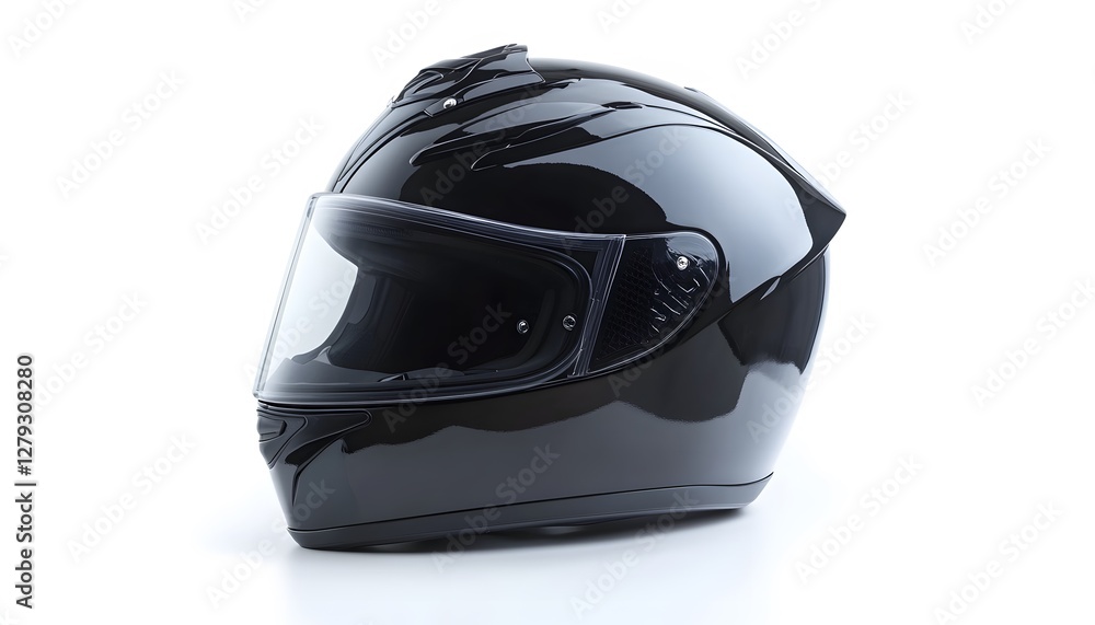 A sleek black motorcycle helmet is isolated on white background A sleek black motorcycle helmet is isolated on white background