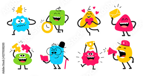 Vector set of cartoon illustration of cute happy smile abstract kid character with heart, puzzle, winner cup and megaphone. Flat style child doodle design of different geometric character set