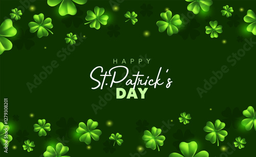 Vector illustration of green clover border with happy saint patricks day word on green background. 3d style design of decorative clover pattern with word for st patrick day celebration banner
