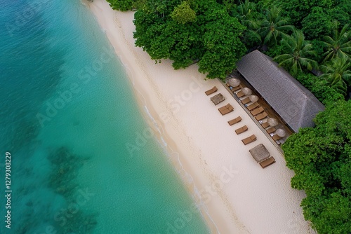 Idyllic beach with clear waters and luxurious sun loungers. photo