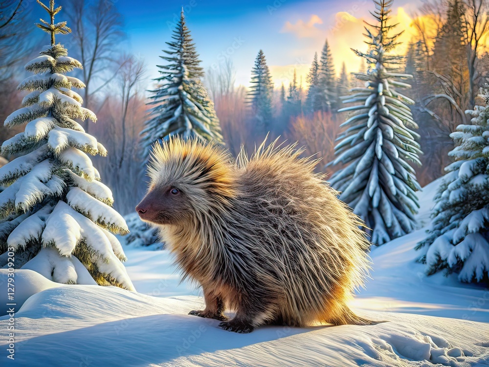 Obraz premium Winter Porcupine Panoramic Landscape AI Photo