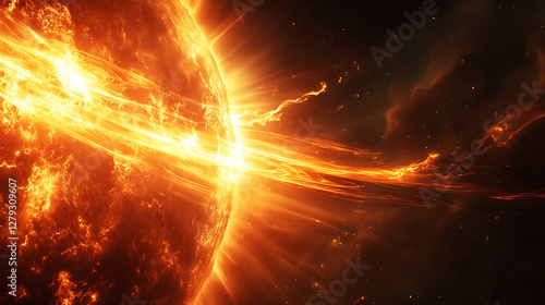 A massive solar storm erupting from the surface of the sun, with fiery plasma arcs and intense magnetic fields extending into space 