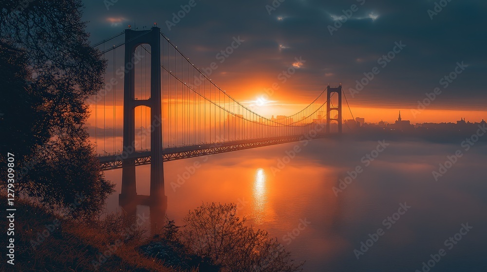 Obraz premium Sunrise over a bridge, fog on river, city skyline, tranquil scene, scenic view