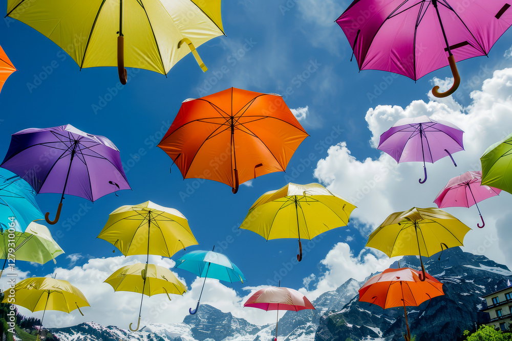 Obraz premium Colorful umbrellas dance in the sky above a picturesque mountain village