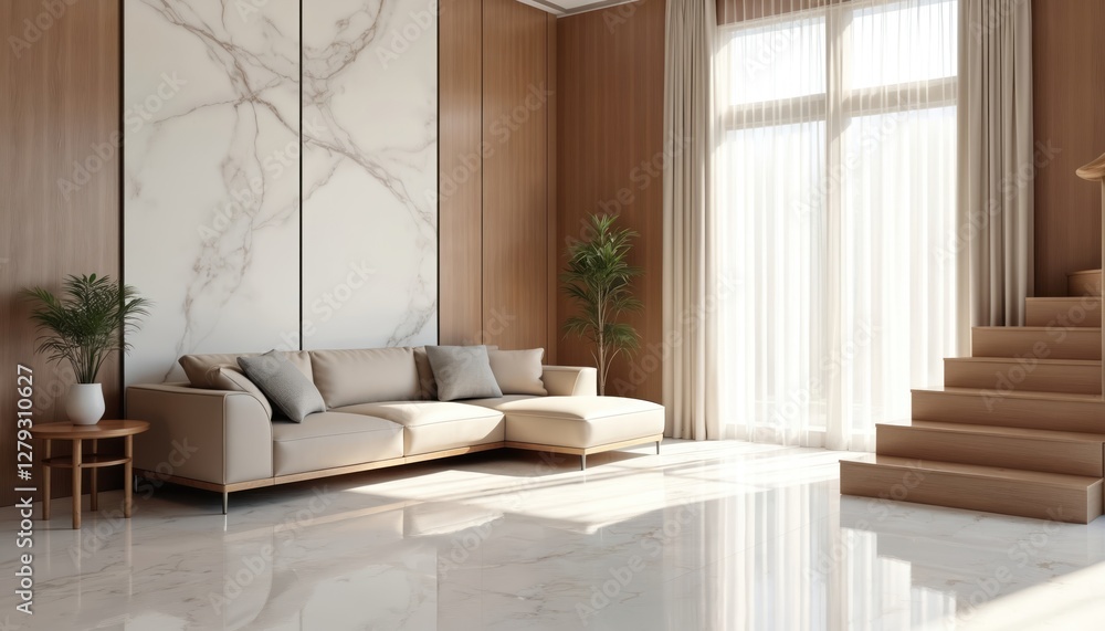 Fototapeta premium Bright living room showcases beige corner sofa, wooden stairway in sunlight, sheer curtain, potted plant. White marble floor tile merges with brown wall hall. Interior design background.