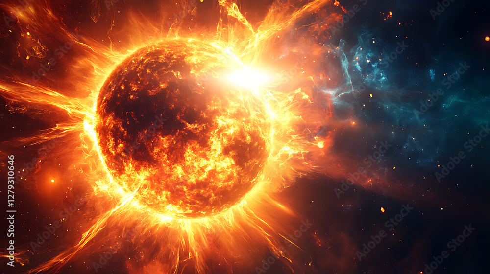 A massive solar storm erupting from the surface of the sun, with fiery plasma arcs and intense magnetic fields extending into space A massive solar storm erupting from the surface of the sun, with fiery plasma arcs and intense magnetic fields extending into space
