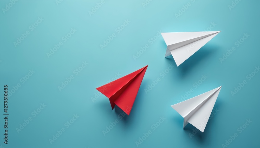Red paper plane leads two white planes on blue background. Origami planes represent business leader taking bold moves for success. Leadership, innovation, strategy, direction concept. Start up Red paper plane leads two white planes on blue background. Origami planes represent business leader taking bold moves for success. Leadership, innovation, strategy, direction concept. Start up