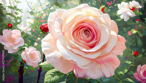 roseto con rosa rossa, rosa e bianca appena sbocciata con petali delicati e colorati, Rose garden with newly bloomed red, pink and white rose with delicate and colorful petals photo