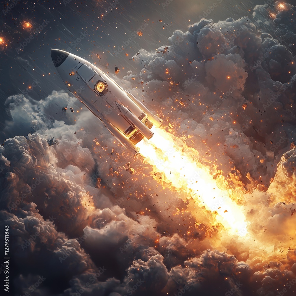 Obraz premium Rocket Launching Through Explosive Clouds at Dusk