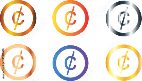 Set of six cent, centavo currency sign icons logos with golden orange silver and blue colors, centesimal subdivision of the US dollar, the Canadian dollar and the Mexican peso