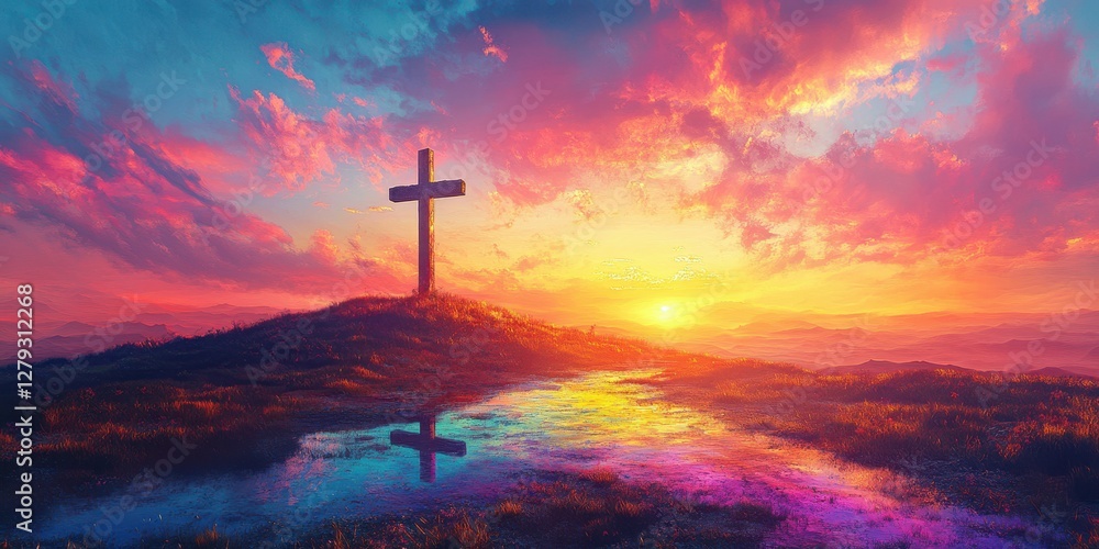 Vibrant sunset over a cross on a hill reflecting in a puddle surrounded by colorful clouds Vibrant sunset over a cross on a hill reflecting in a puddle surrounded by colorful clouds