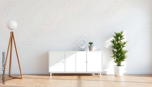 Simple white room with minimalist cabinet, green plants, and soft lighting for a fresh, clean, modern design. photo