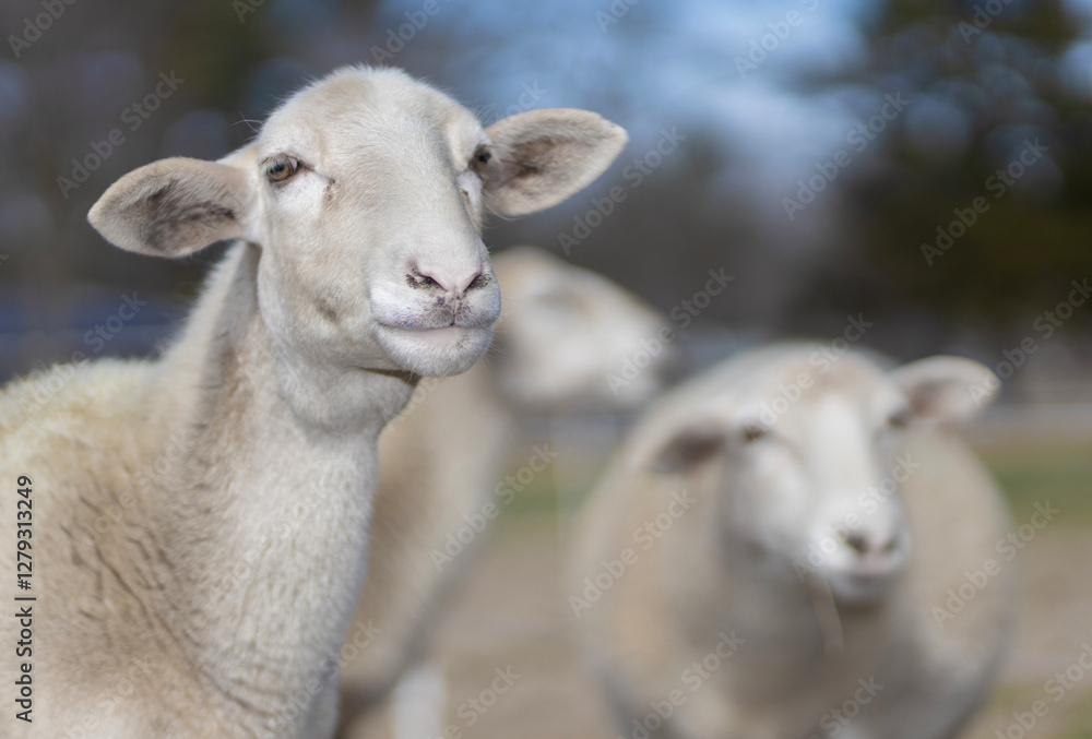 Three white sheep watching something intently