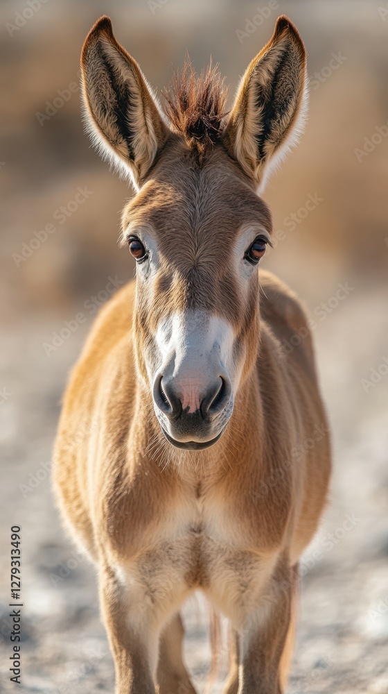 Young wild donkey stands alert in a serene landscape during golden hour sunlight Young wild donkey stands alert in a serene landscape during golden hour sunlight