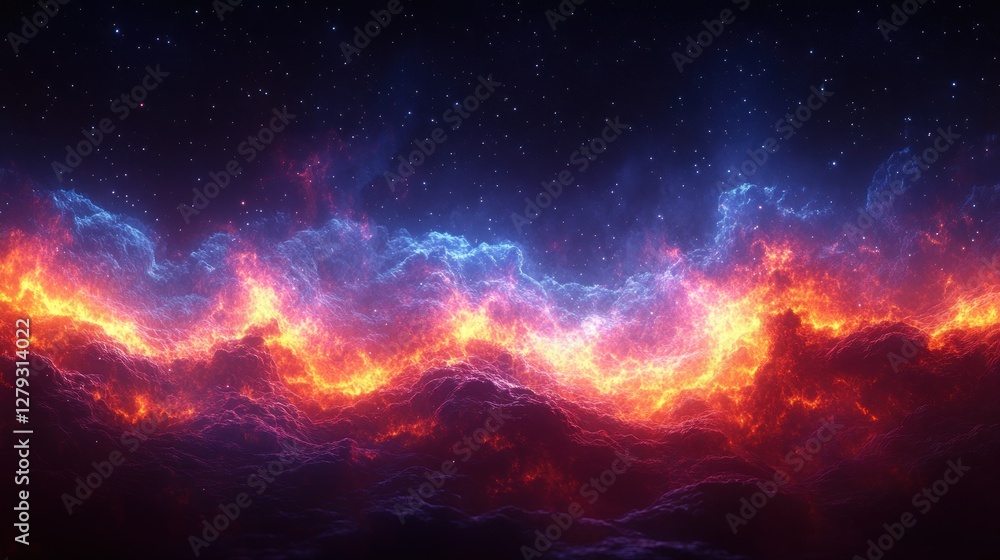 Fiery cloudscape at night; cosmic flames in space Fiery cloudscape at night; cosmic flames in space