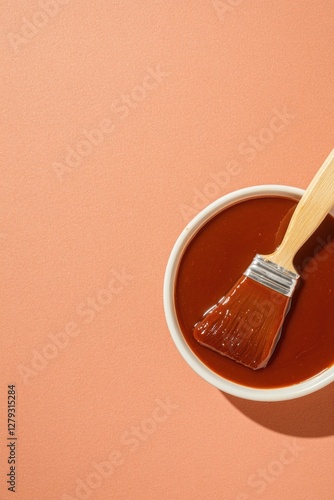 Rich brown paint in bowl with wooden brush on soft peach backdro