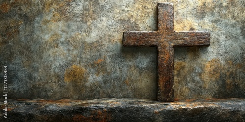 Foto Rustic cross on a worn stone altar against a textured wall capturing a sense of