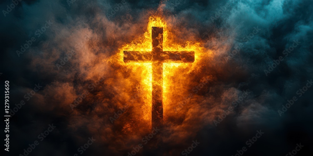 Symbol of faith illuminated by flames in a dramatic dark sky atmosphere Symbol of faith illuminated by flames in a dramatic dark sky atmosphere