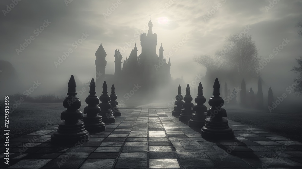 Obraz premium Surreal black and white chess scene with oversized marble pieces in a foggy gothic landscape