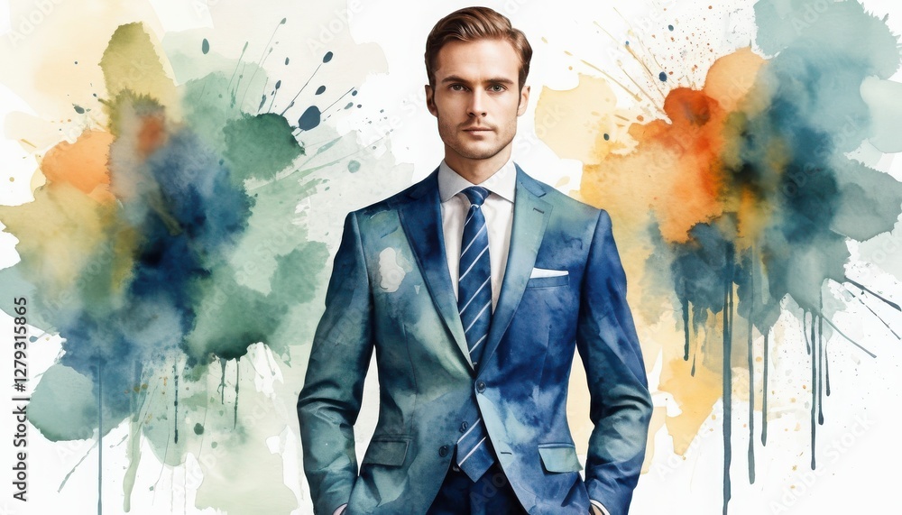 A stylish man exudes confidence wearing a tailored suit, set against an abstract watercolor backdrop bursting with rich colors. This fusion of elegance and artistry captivates the viewer's eye A stylish man exudes confidence wearing a tailored suit, set against an abstract watercolor backdrop bursting with rich colors. This fusion of elegance and artistry captivates the viewer's eye