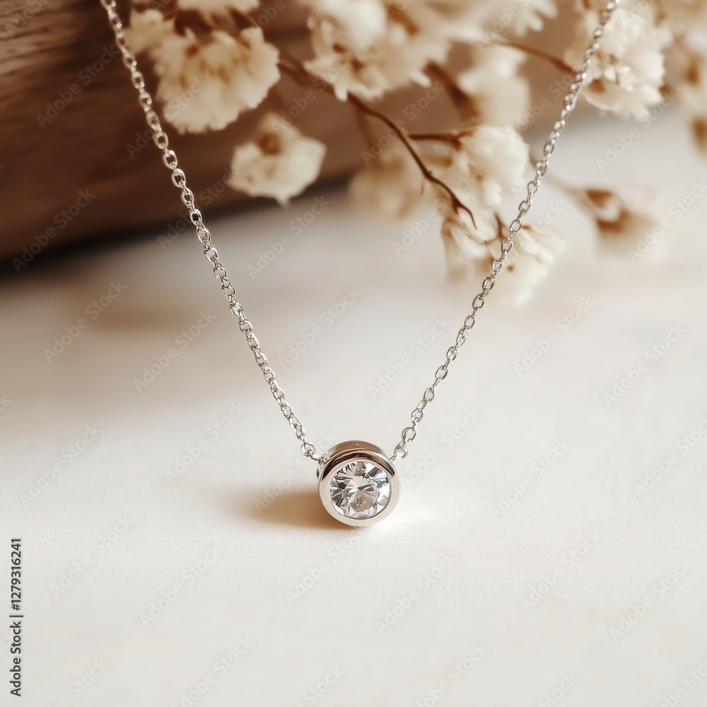 Fototapeta premium Elegant Silver Necklace with Sparkling Diamond Pendant and Floral Accent, Perfect Gift for Her