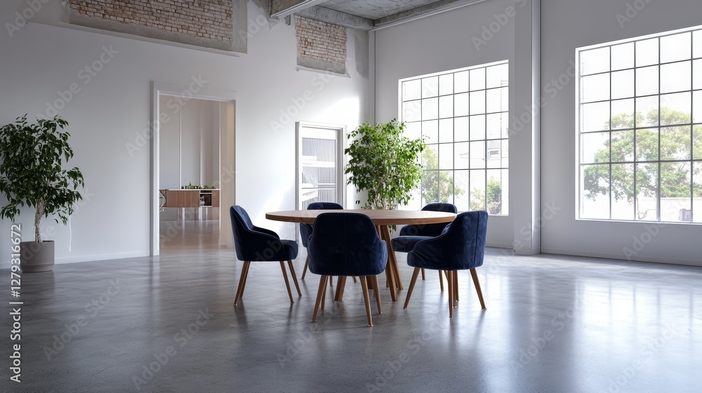 Fototapeta premium Modern Meeting Space With Natural Light and Plants in a Minimalist Design, Perfect for Collaborative Work and Creative Discussions