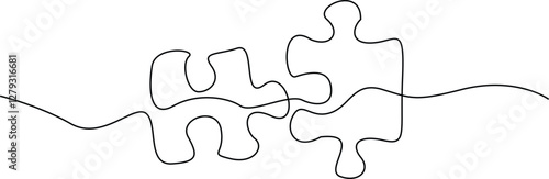 Continuous one line drawing of two pieces of jigsaw on white background. Puzzle game symbol and sign business metaphor of problem solving, solution, and strategy.