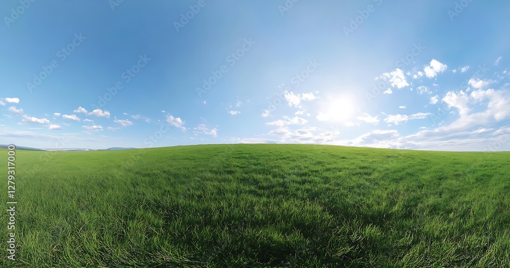 Green Field and Blue Sky Panorama A Wide Panoramic View of a Lush Green Field with Fluffy White Clouds and Bright Sun Under a Clear Blue Sky Green Field and Blue Sky Panorama A Wide Panoramic View of a Lush Green Field with Fluffy White Clouds and Bright Sun Under a Clear Blue Sky