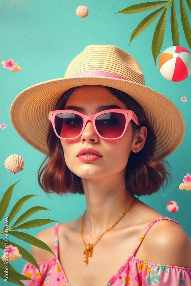 Fototapeta premium In a vibrant, tropical atmosphere, a young woman dons trendy pink sunglasses and a wide-brimmed straw hat, radiating summer joy amidst playful decorations and lush leaves