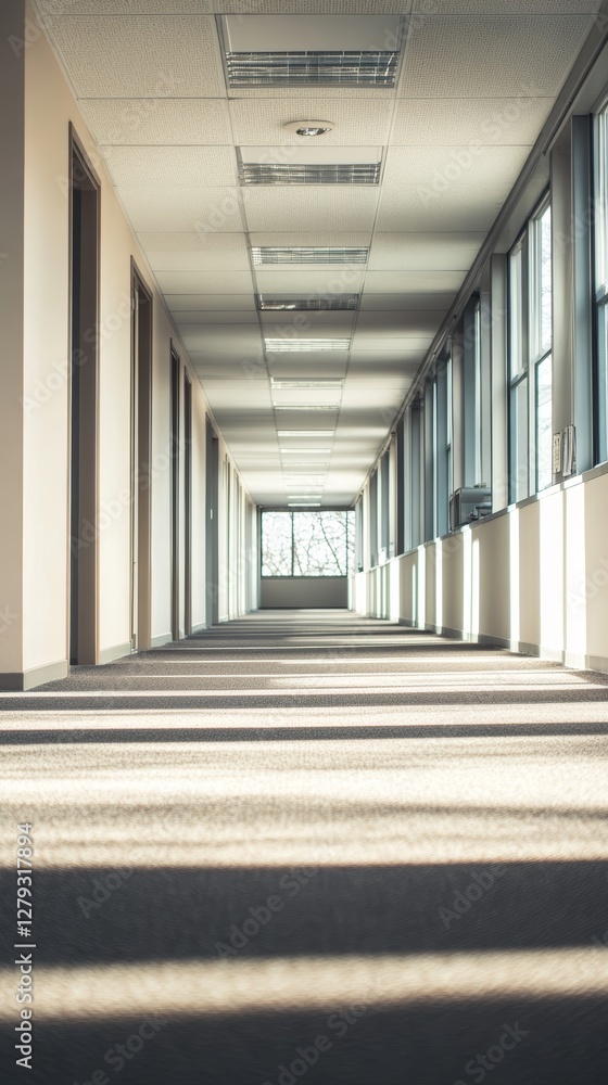 Fototapeta premium Bright and Spacious Office Corridor With Large Windows Allowing Natural Light to Fill the Area During Daytime Hours