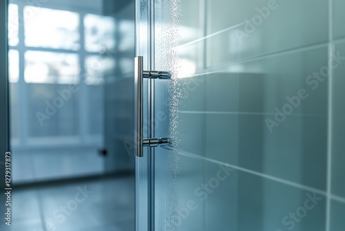 Spotlessly cleaned glass shower door enhances bathroom elegance and brightness during daylight. Generative AI