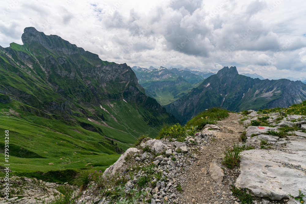 Mountain trail surrounded by breathtaking alpine views in Bavaria Allgau Alps Oberstdorf Mountain trail surrounded by breathtaking alpine views in Bavaria Allgau Alps Oberstdorf