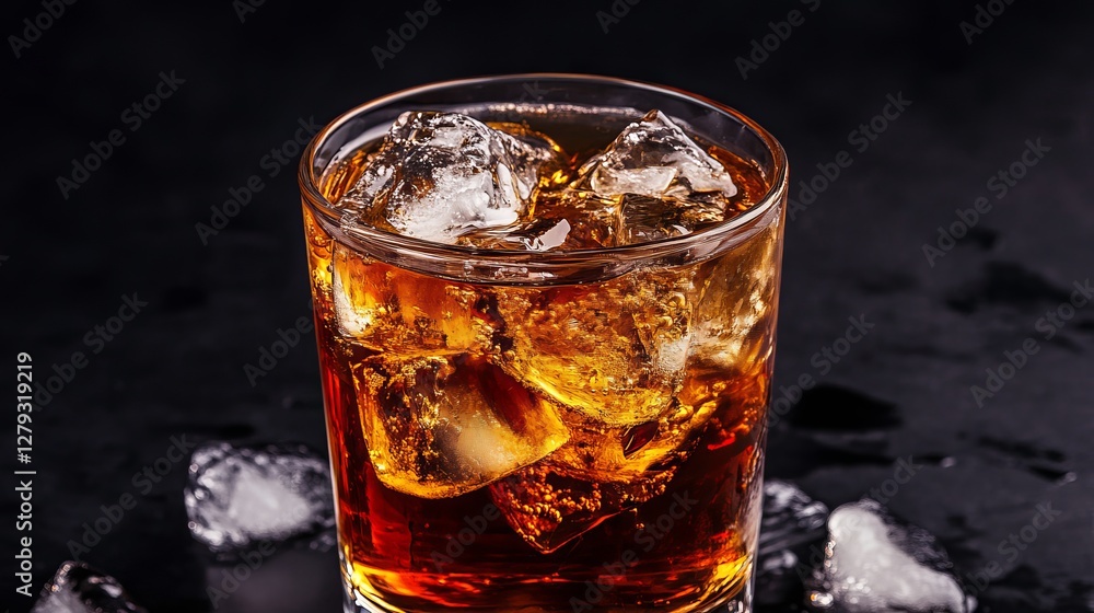 Alcoholic Cocktail with Ice in a Glass on Black Background
Alcoholic Cocktail with Ice in a Glass on Black Background